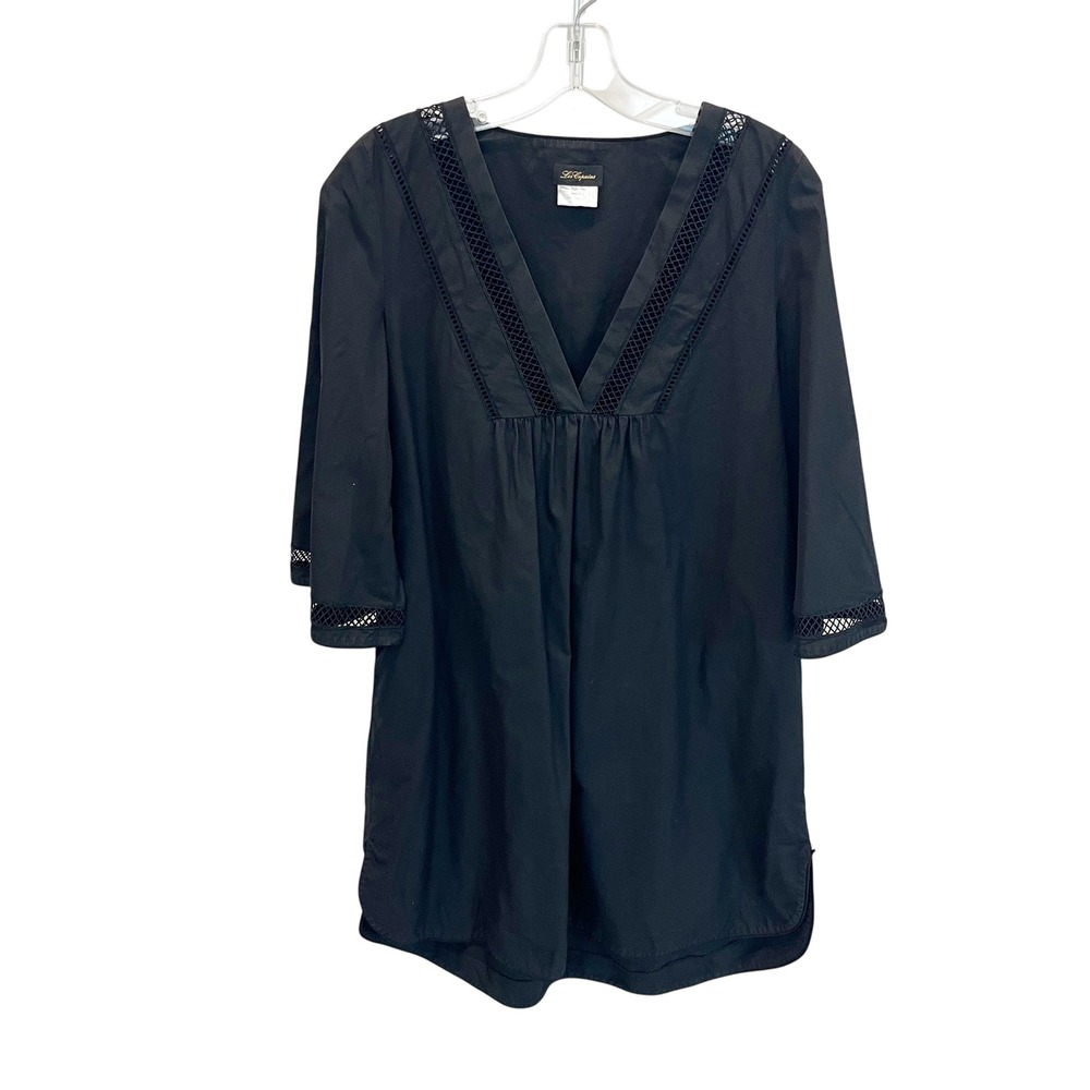 Les Copains Black‎ Crochet Trim V-Neck Tunic Dress Long Sleeve Chic - Size Large